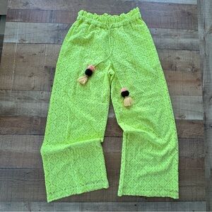 Ollari Wide Leg Eyelet Trouser Pomp Pom Detail XSMALL Bright Lime Green